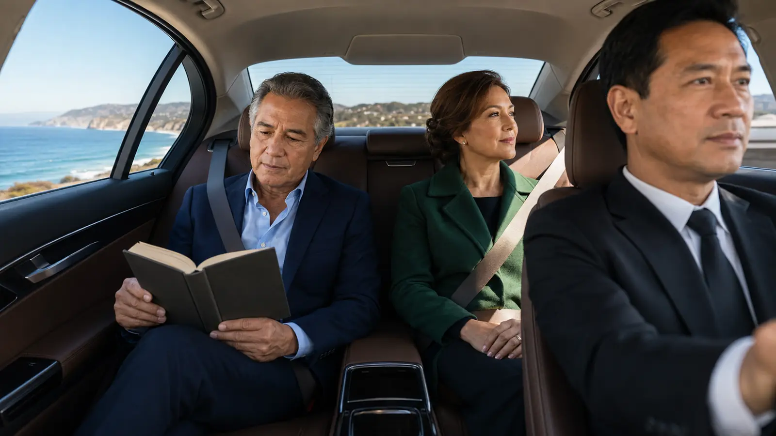 Couple reading and relaxing in the back seat while a private driver handles a long-distance trip.