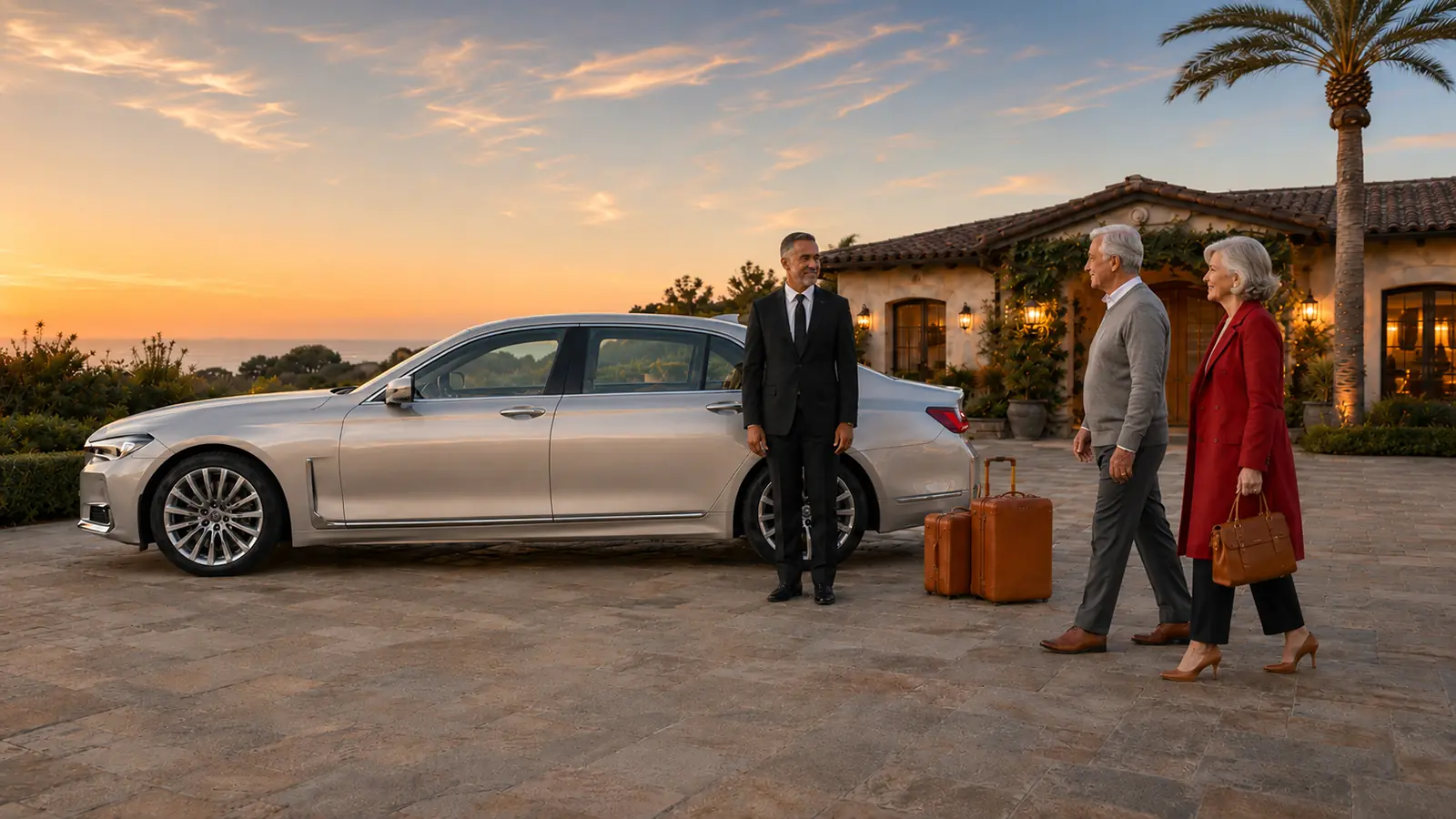 Private driver waiting beside a silver sedan as a couple leaves home with luggage at dawn.