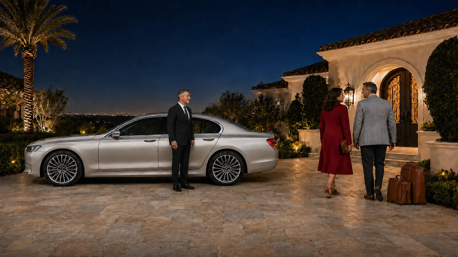 Private driver waiting beside a grey sedan as a couple returns home with luggage at night.