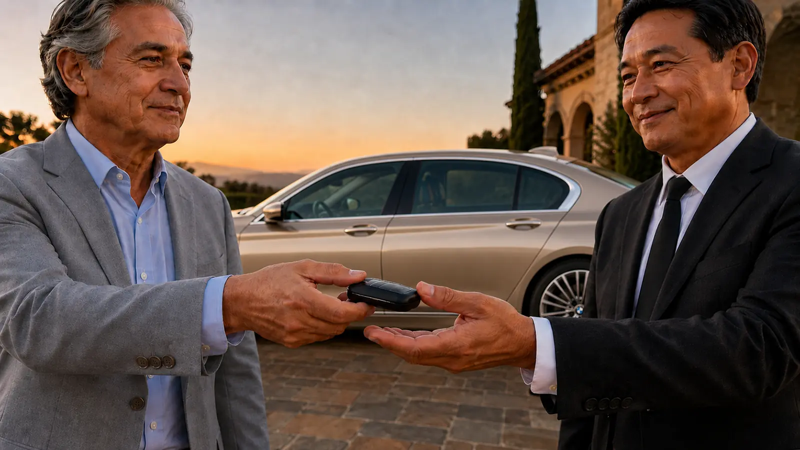 Client handing driver the car keys to his gold sedan before a long-distance trip.