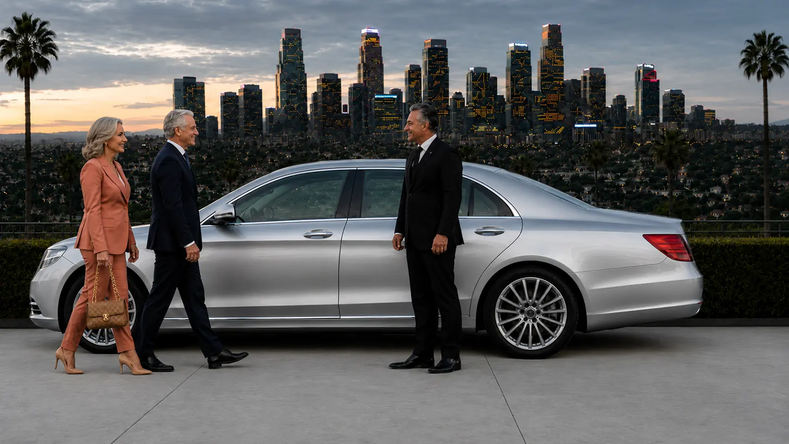 Private driver greeting two clients beside a silver sedan overlooking downtown Los Angeles.