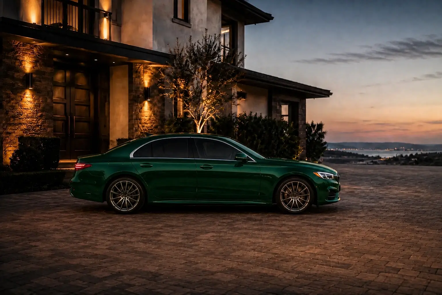 Green luxury sedan parked in a residential driveway after the private driver returned it from the airport