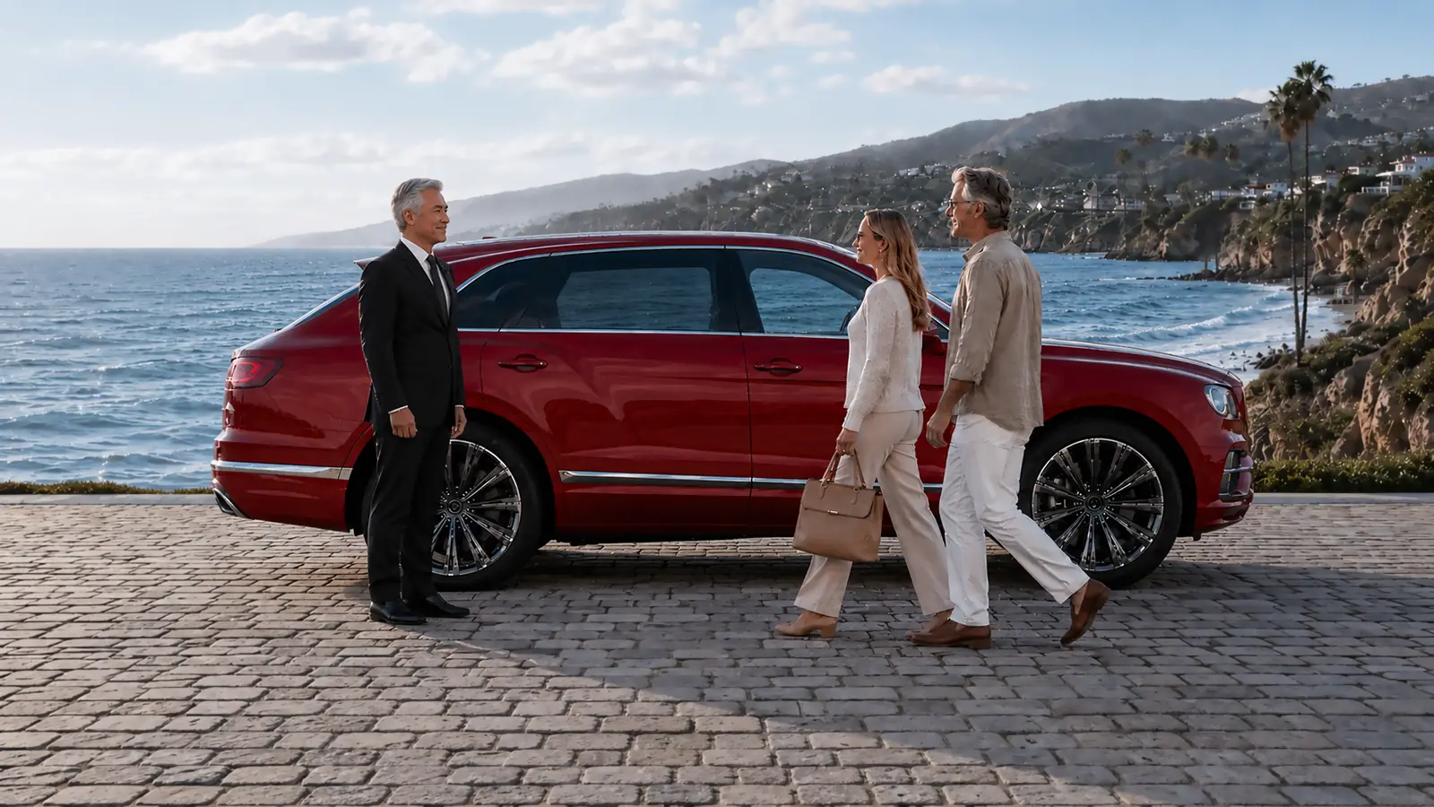 Private driver greeting a couple beside a red SUV on the Malibu coast.