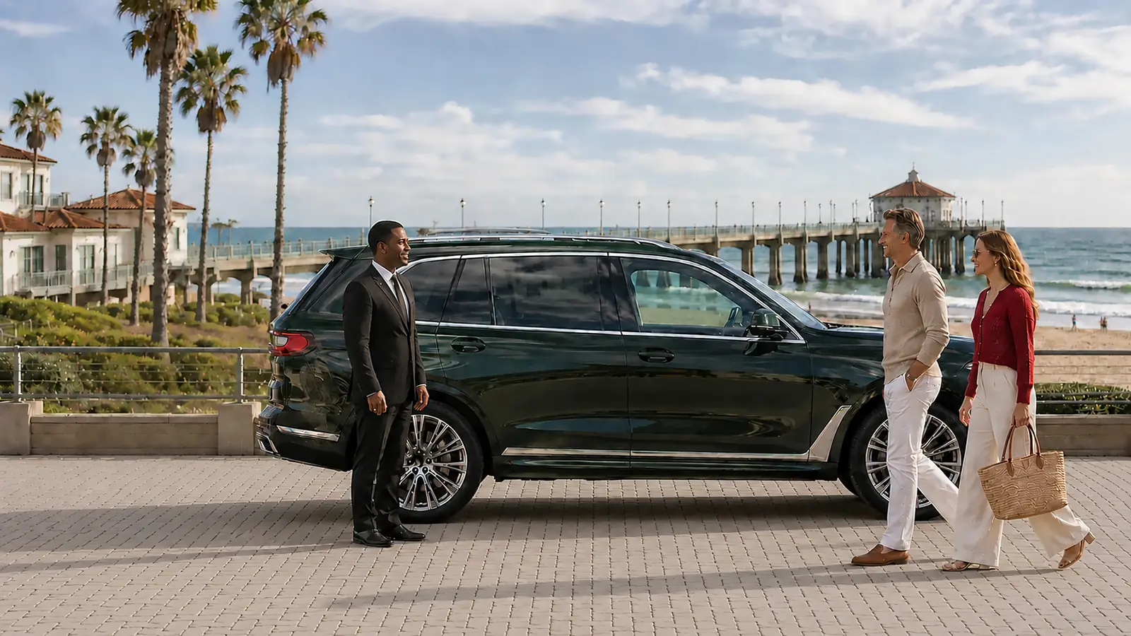 Private driver welcoming a couple beside a dark green SUV near the Manhattan Beach pier.