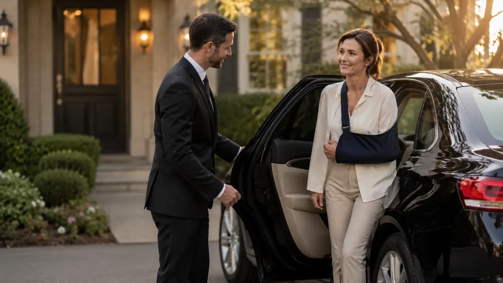 Private driver helping a woman with an arm sling out of her car after a medical appointment.