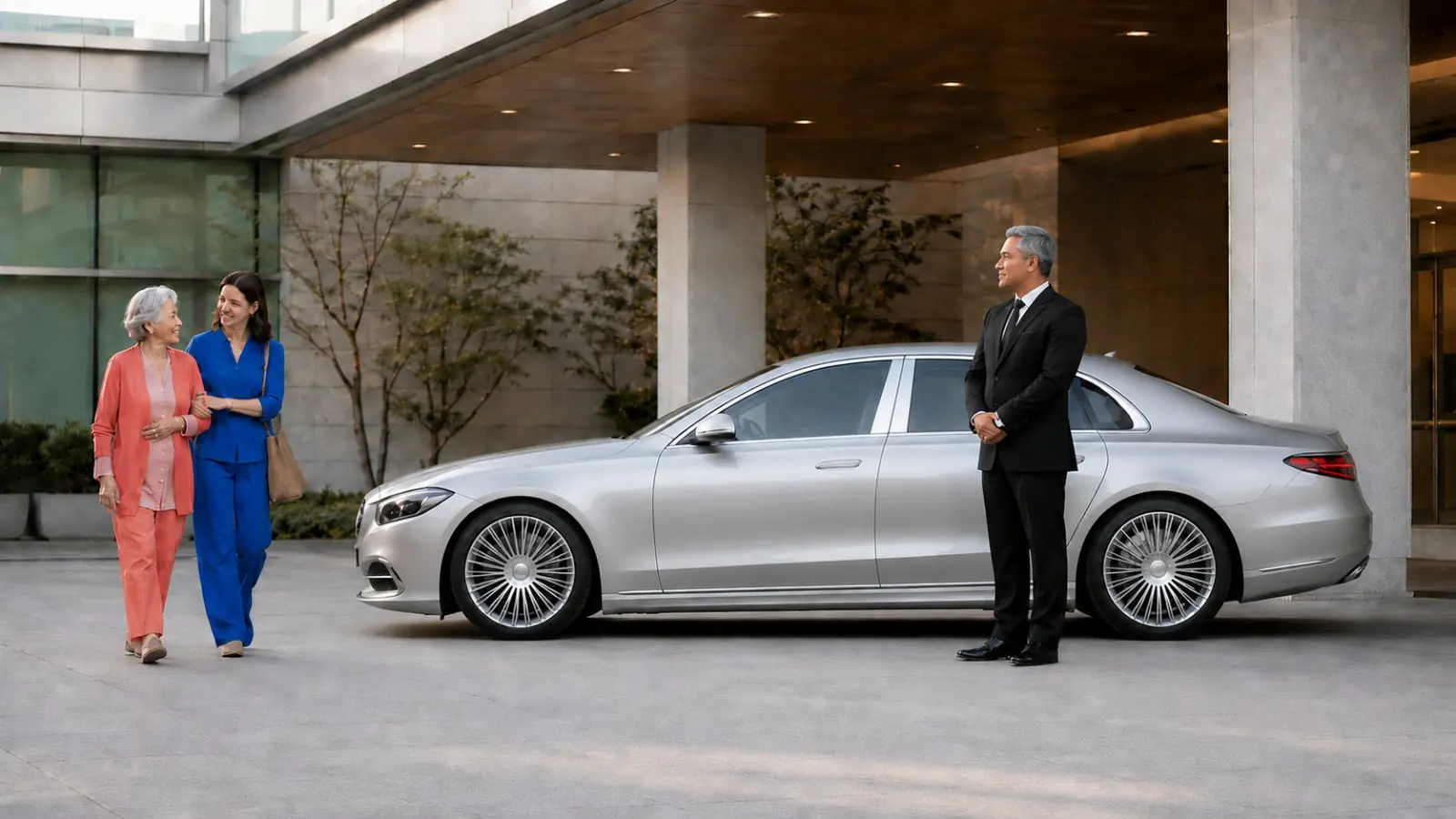 Private driver waiting beside a silver sedan as an older patient leaves a medical center.