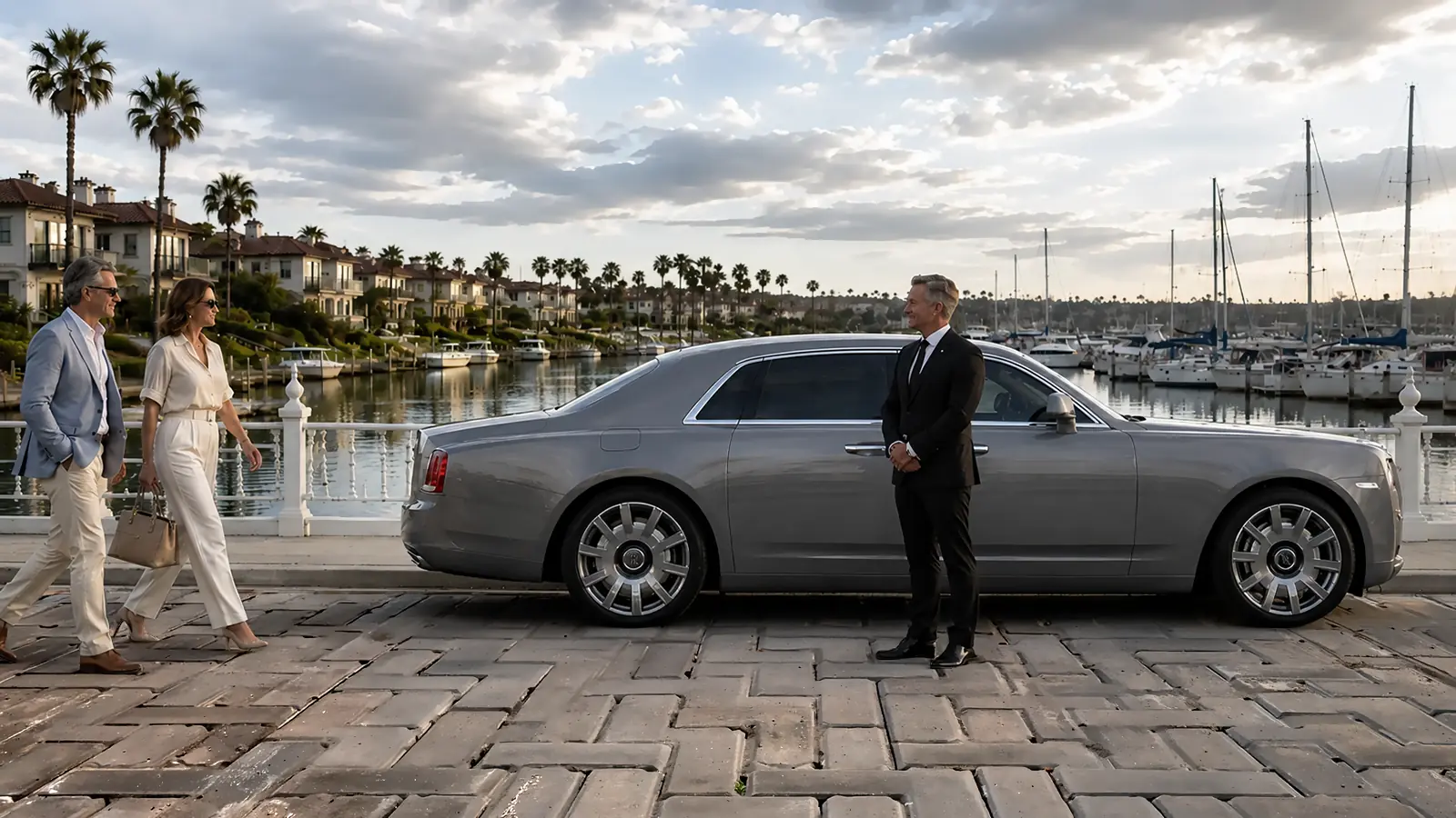 Private driver greeting a couple beside a gray sedan overlooking Newport Harbor.