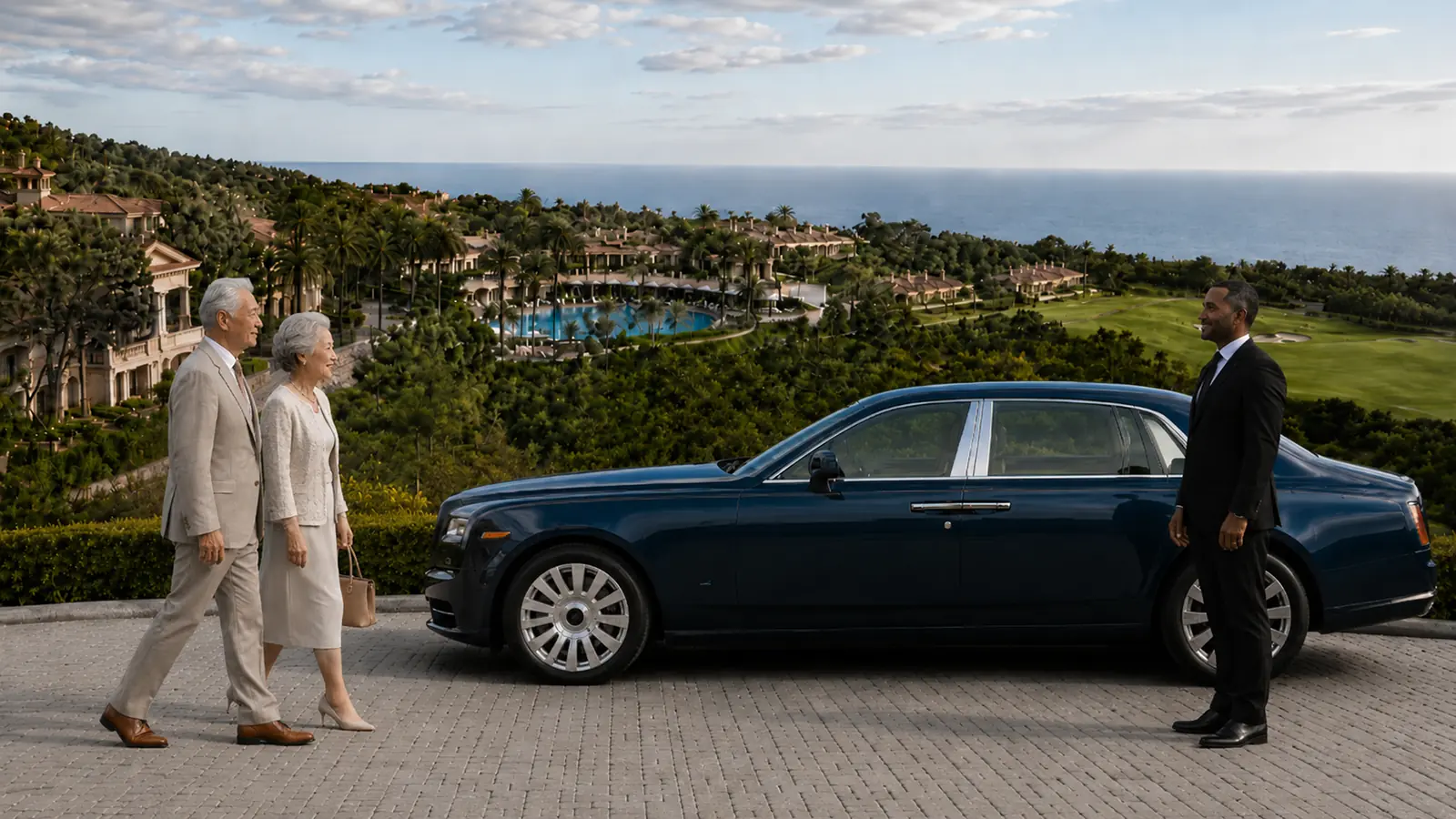 Private driver welcoming an older couple beside a blue sedan overlooking Newport Coast.
