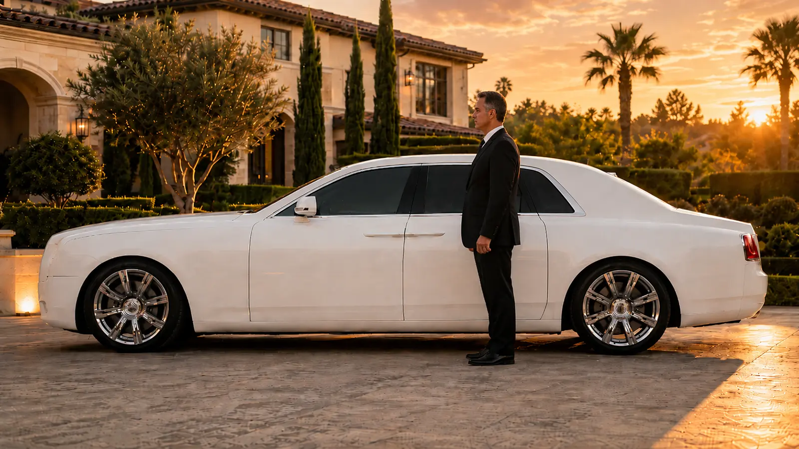 Private driver standing beside a white luxury sedan at an Orange County estate.