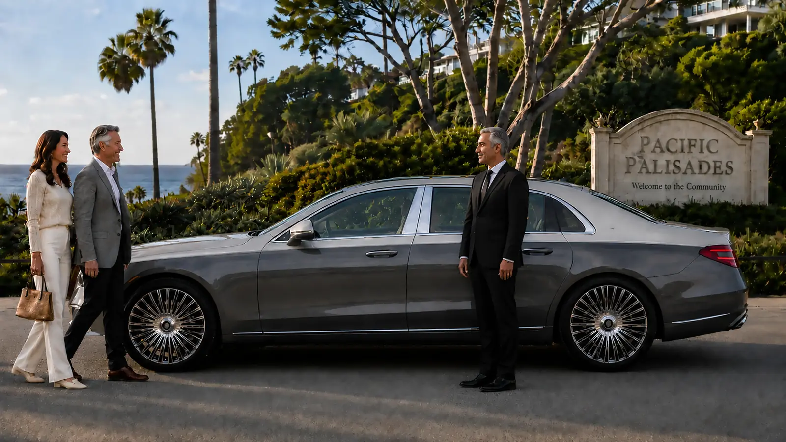 Private driver greeting a couple beside a two tone gray sedan near the Pacific Palisades welcome sign.