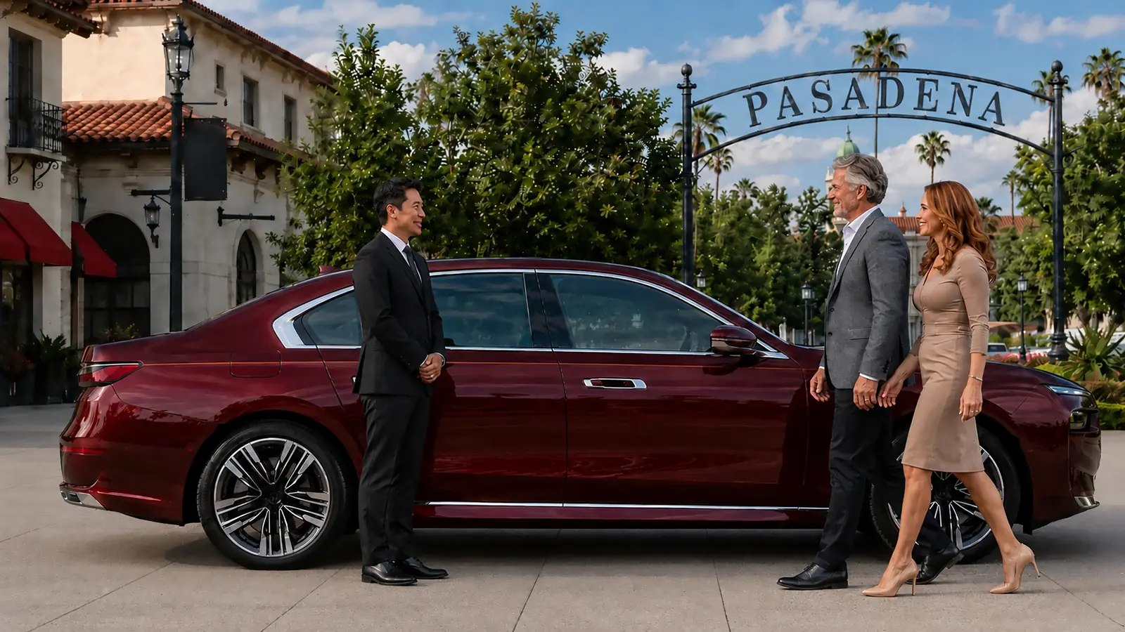 Private driver greeting a couple beside a red sedan beneath the Pasadena gateway sign.