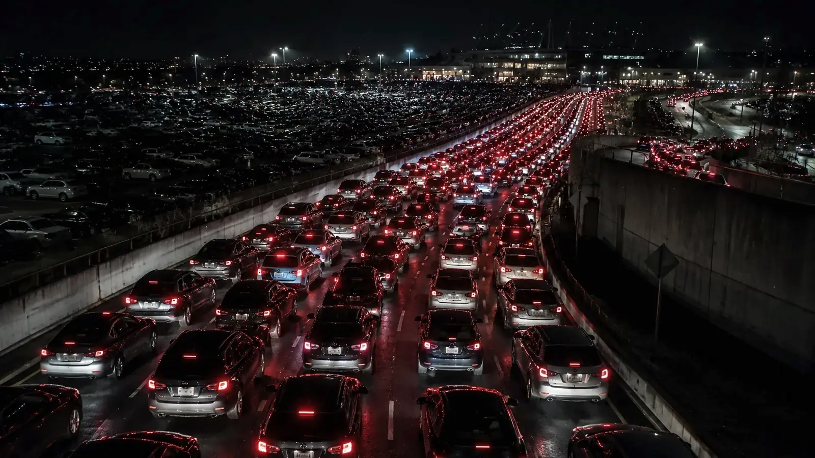Heavy nighttime traffic leaving a stadium, with rows of red brake lights.