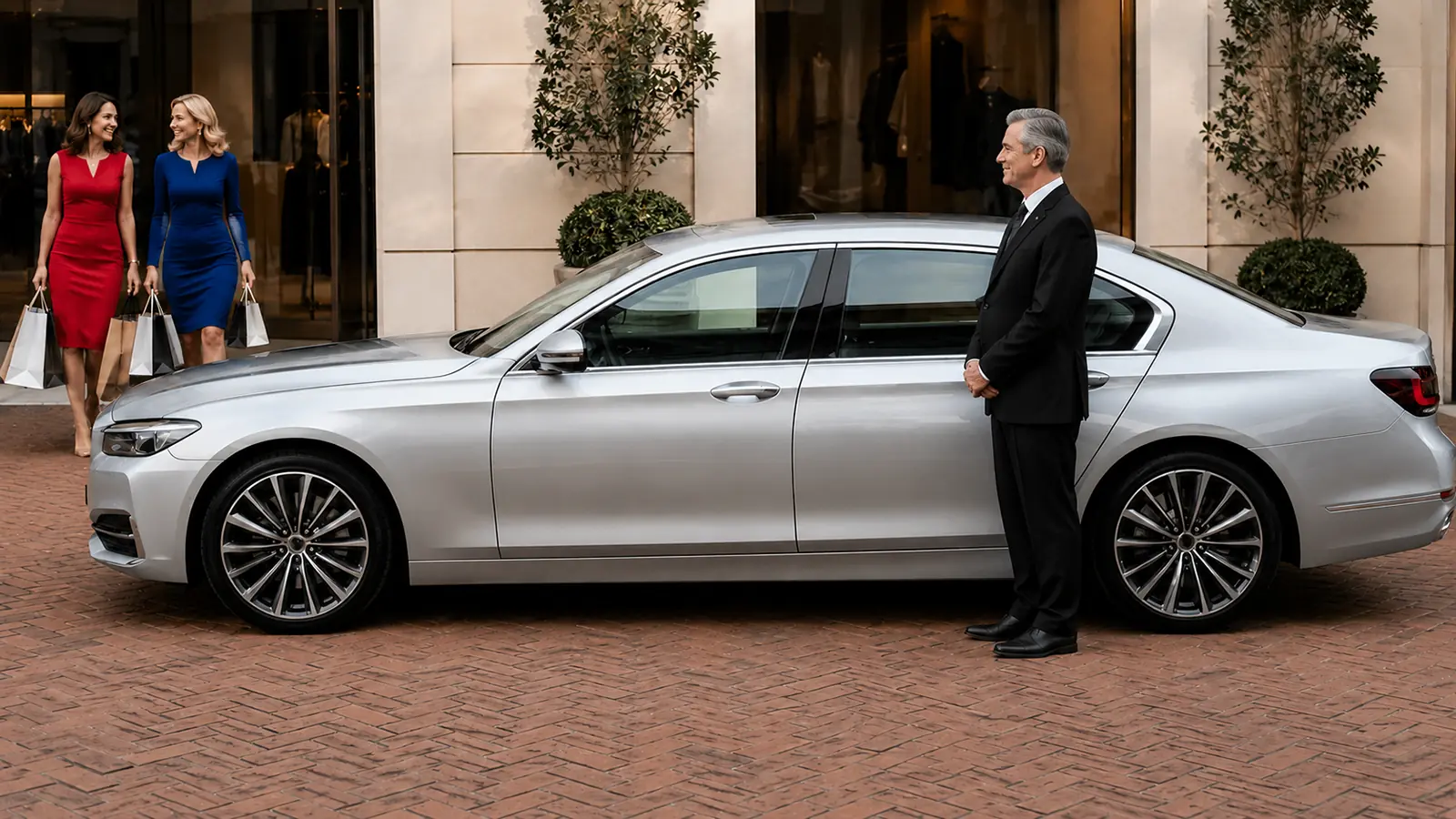 Private driver waiting beside a silver sedan as two women return from daytime errands.