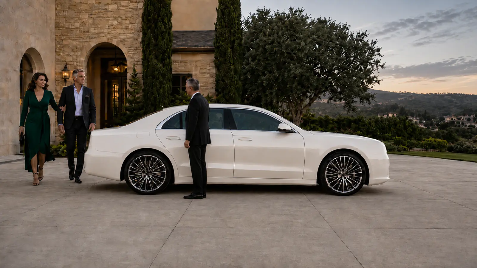 Private driver greeting a couple beside their white sedan at a hillside residence.