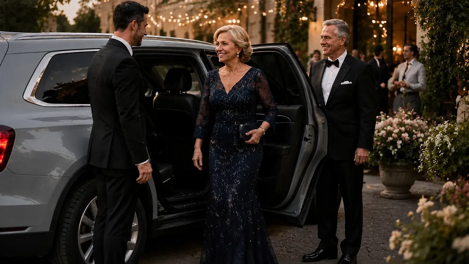 Private driver delivering formally dressed wedding guests after driving their grey SUV to the event.