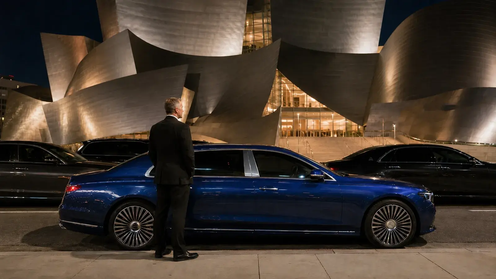 Private driver waiting beside a client's blue sedan outside a concert venue in Los Angeles at night.