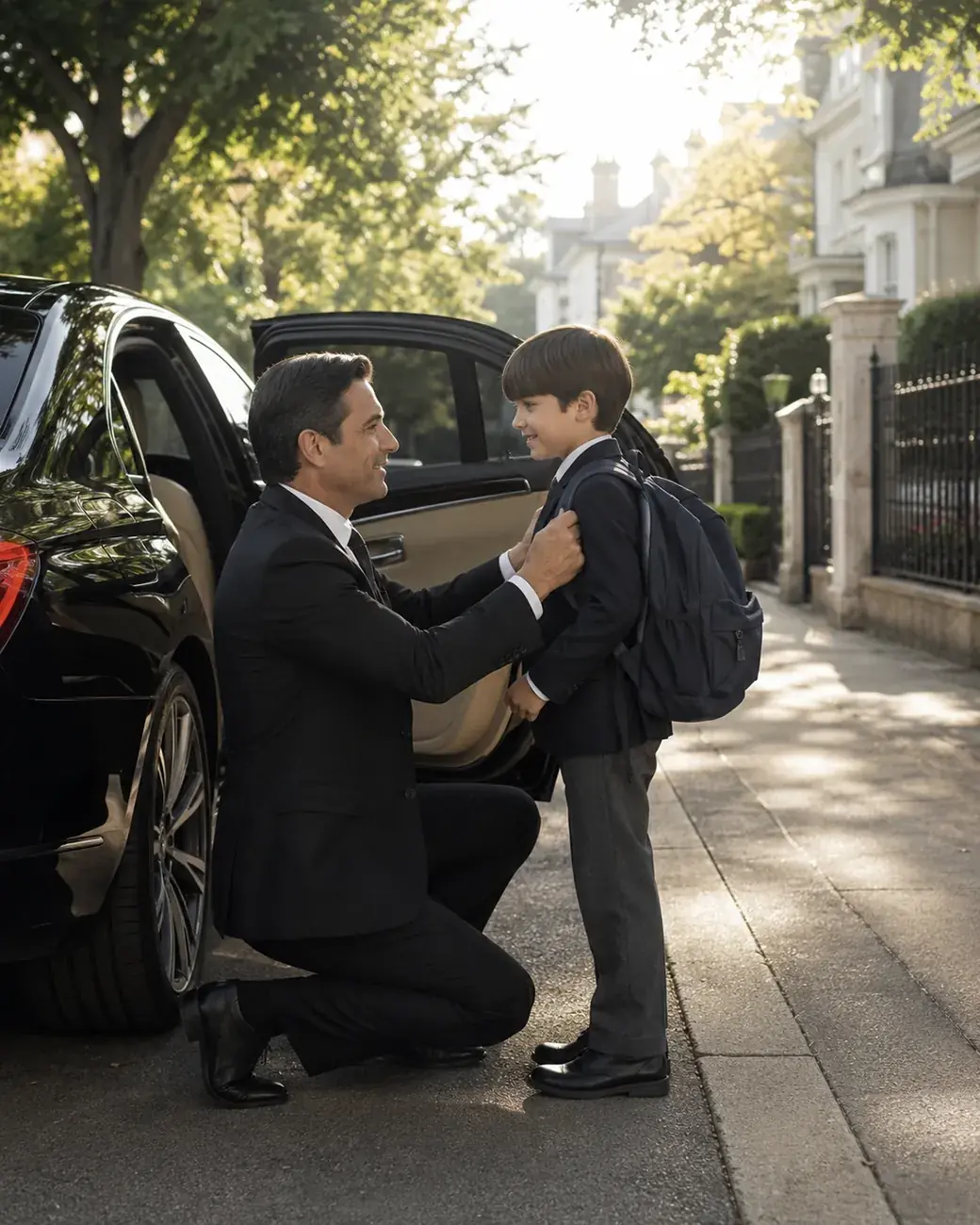 Private driver greeting a schoolchild beside the family car before a school trip.