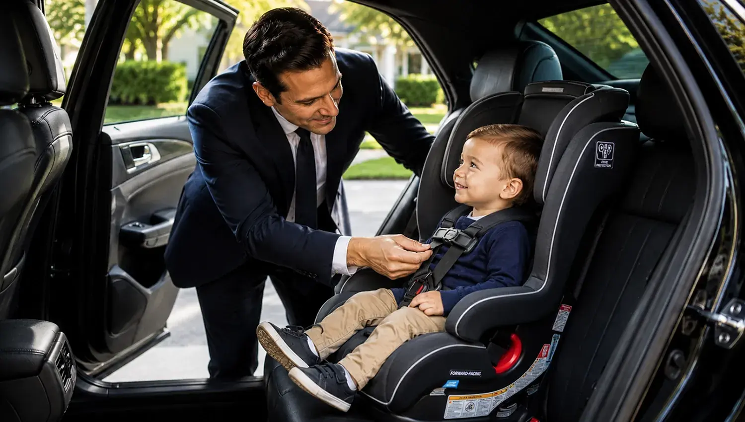 Private driver securing a young child in a car seat before the trip.