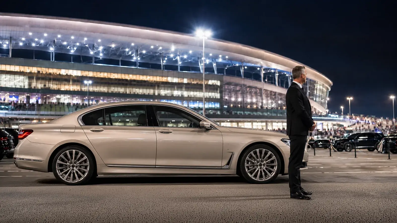 Private driver waiting beside a champagne colored sedan outside a brightly lit stadium.