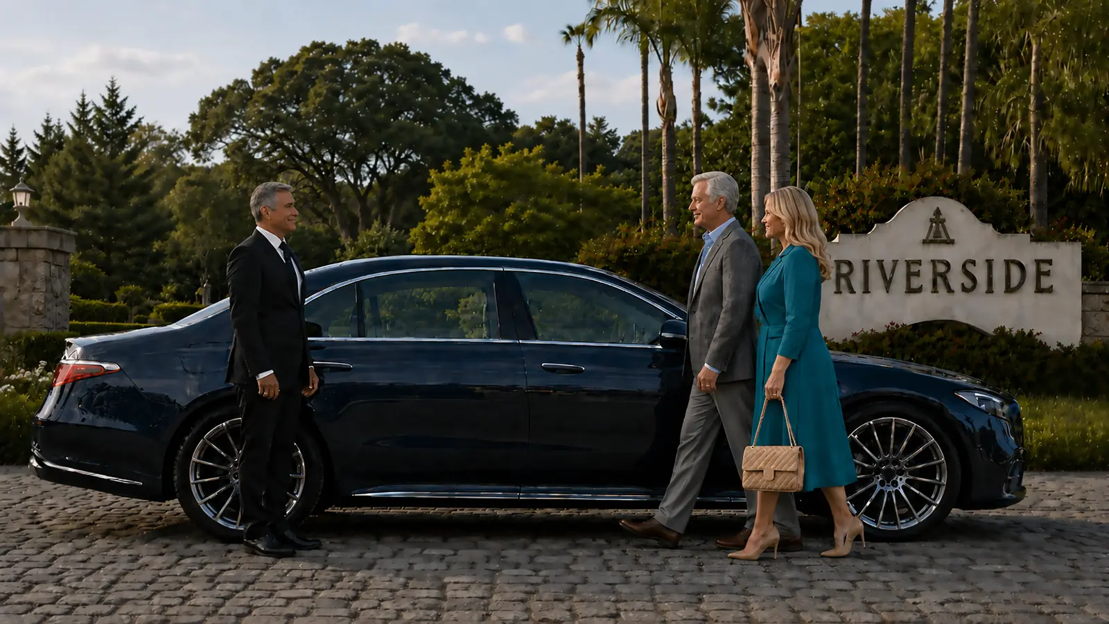 Private driver welcoming a couple beside a dark blue sedan near the Riverside welcome sign.
