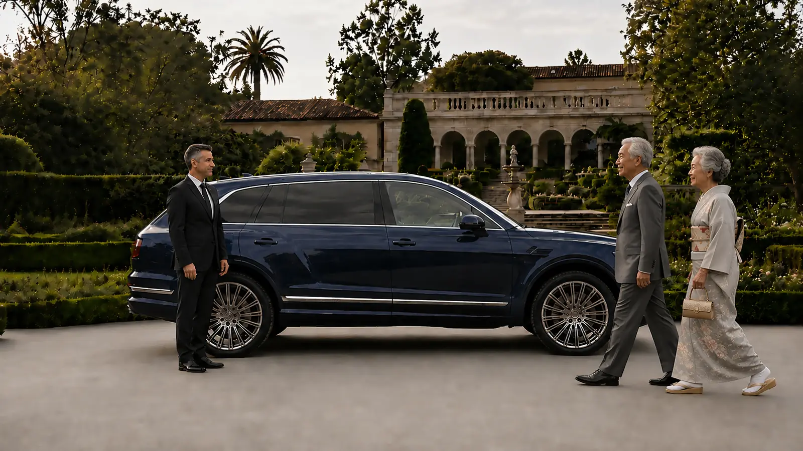 Private driver welcoming an older couple beside a dark blue SUV at a San Marino estate.