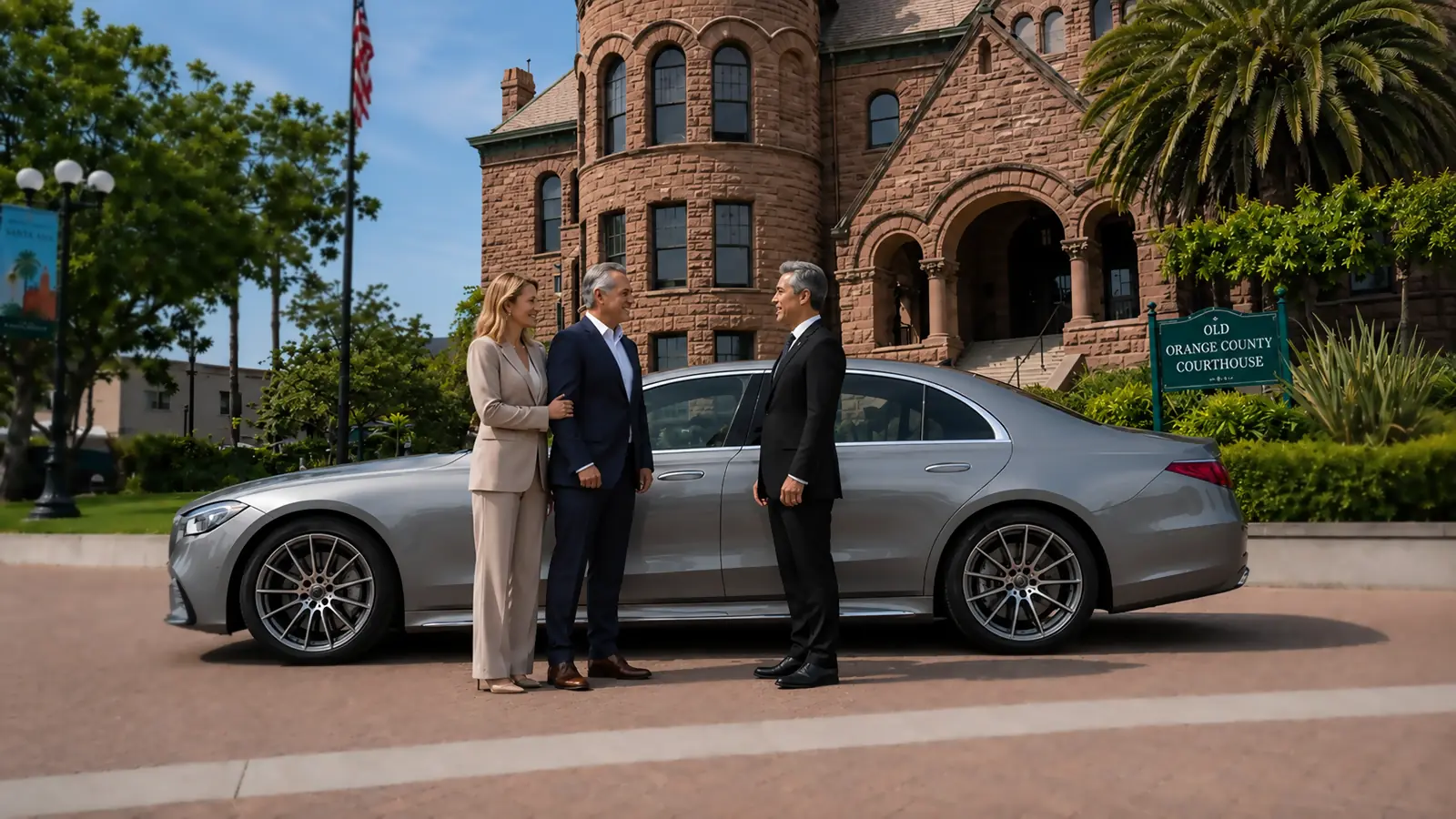 Private driver greeting a couple beside a silver sedan at the Old Orange County Courthouse in Santa Ana.