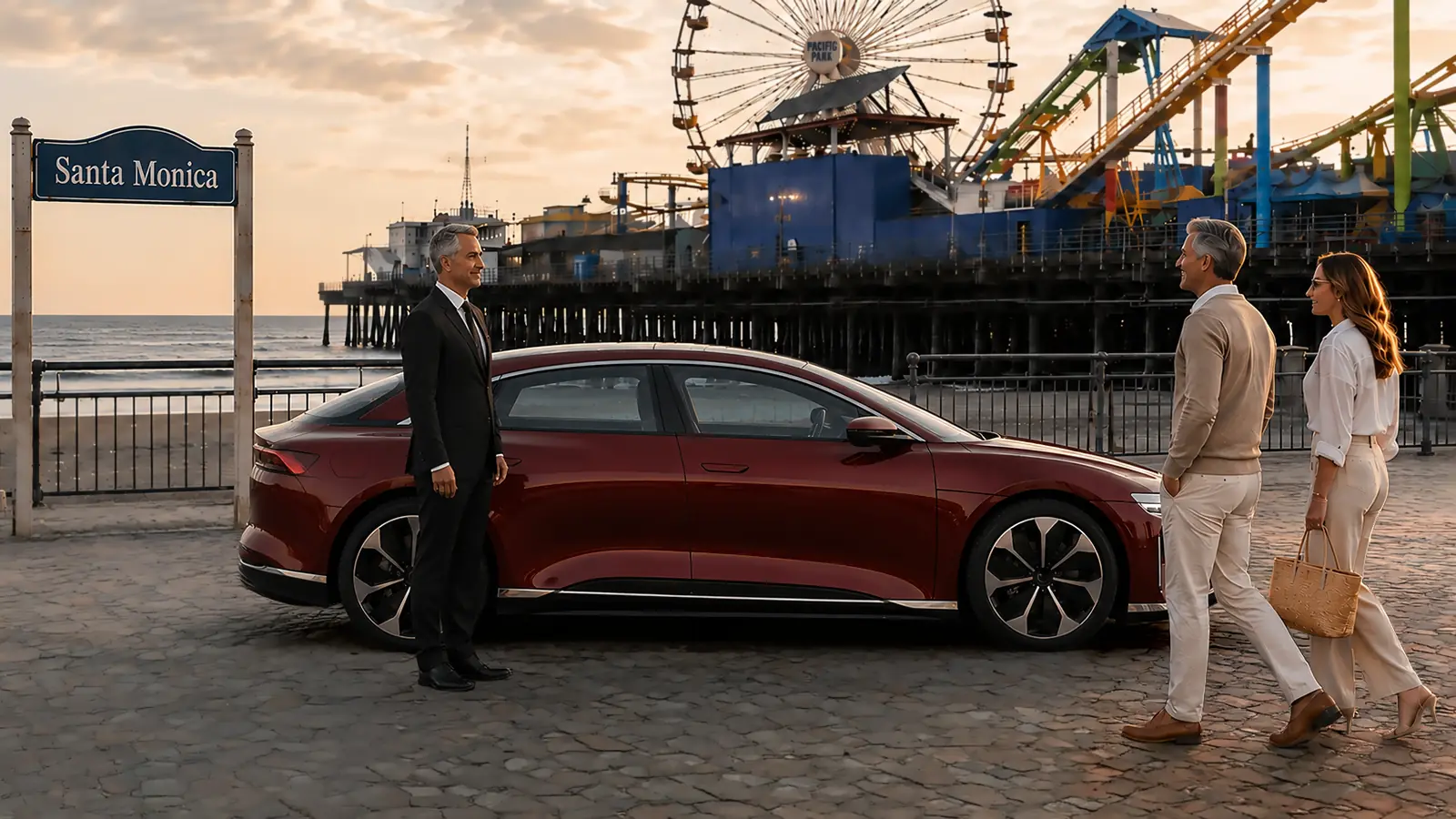 Private driver greeting a couple beside a red sedan near the Santa Monica Pier.