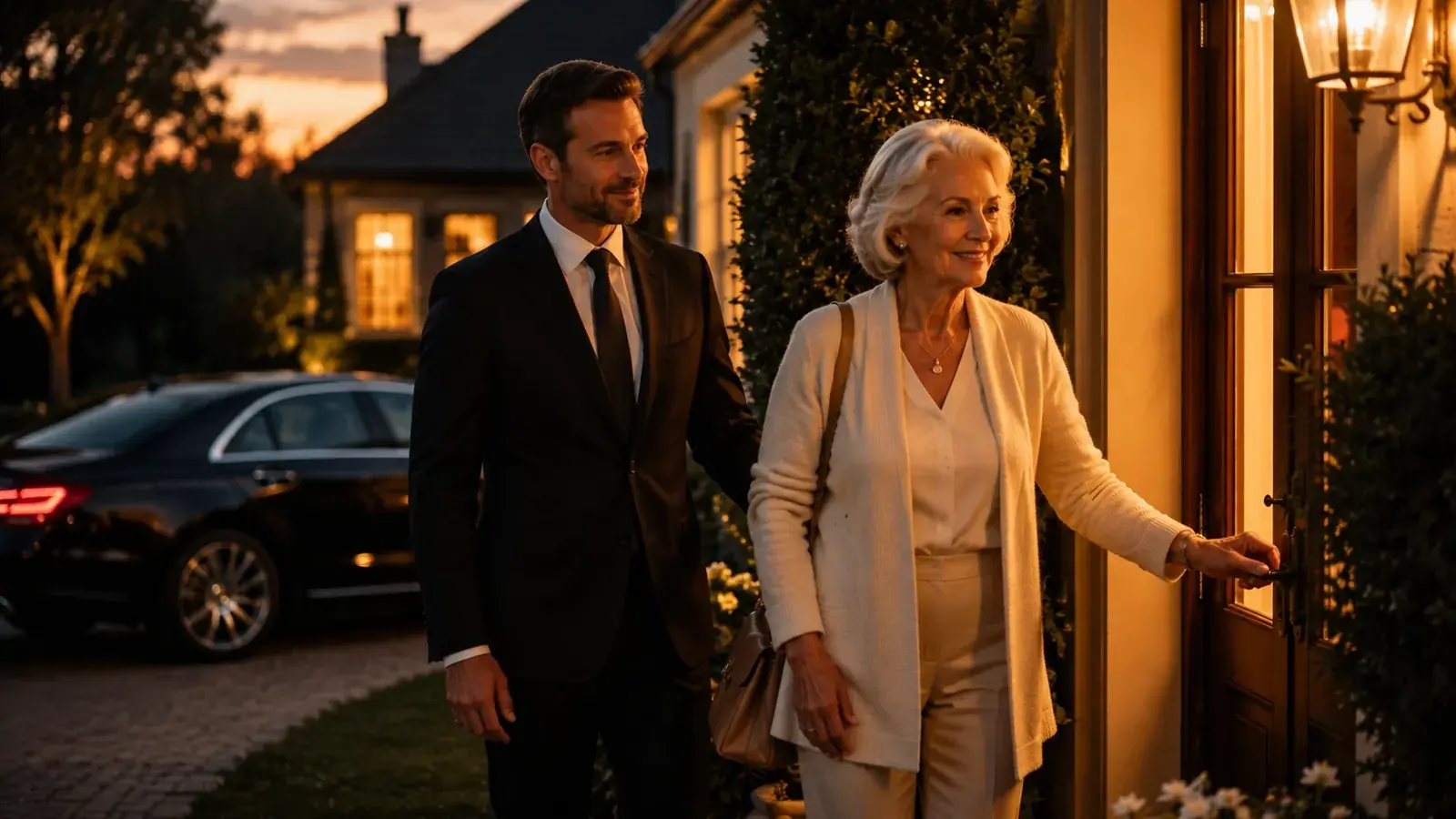 Private driver walking an older woman safely to her front door at sunset.