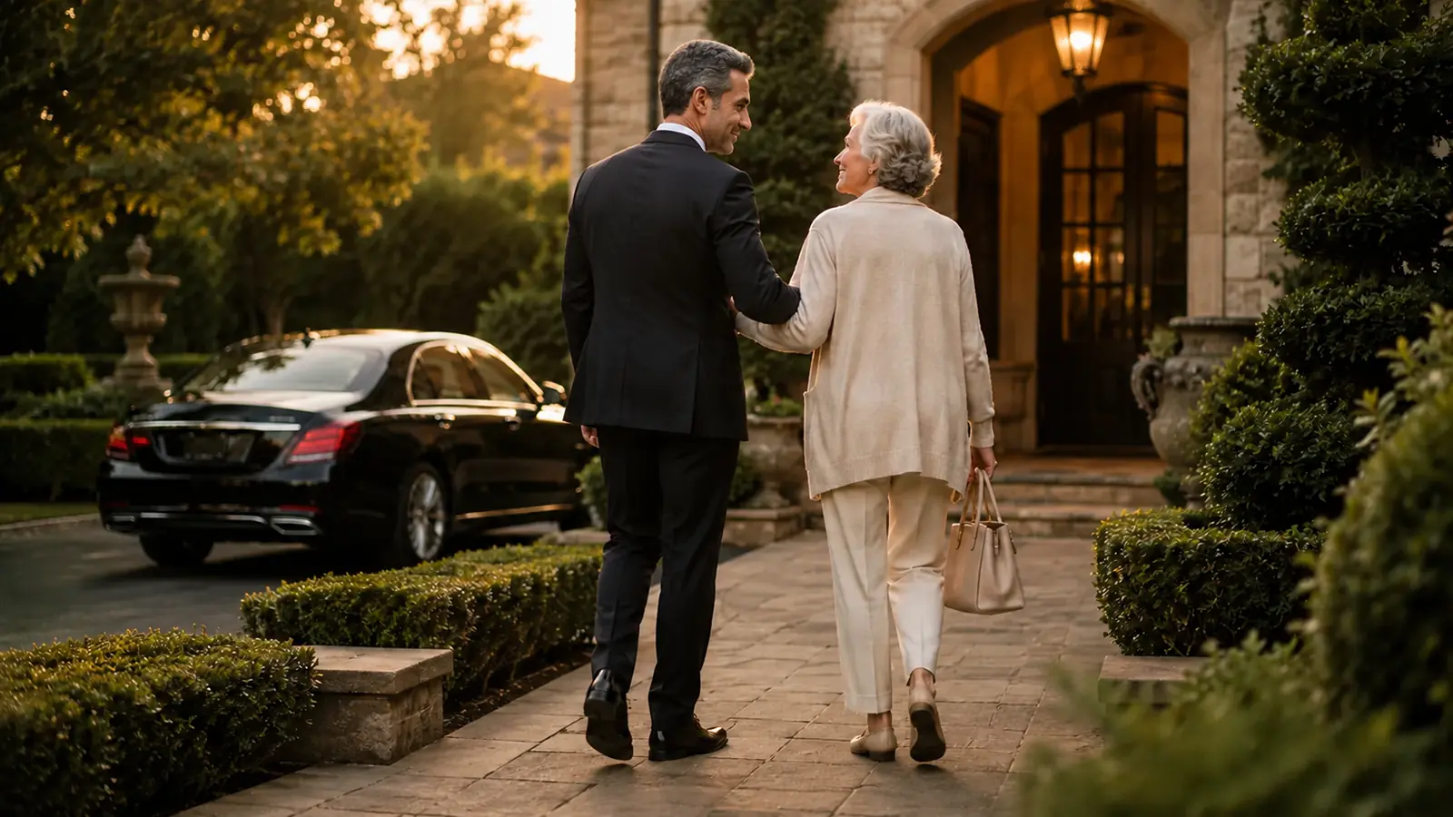 Private driver assisting an older woman along the walkway to her front door.