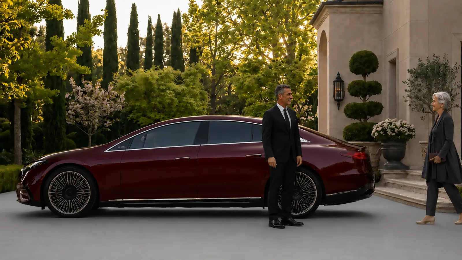 Private driver waiting beside an older woman's burgundy sedan at her home.