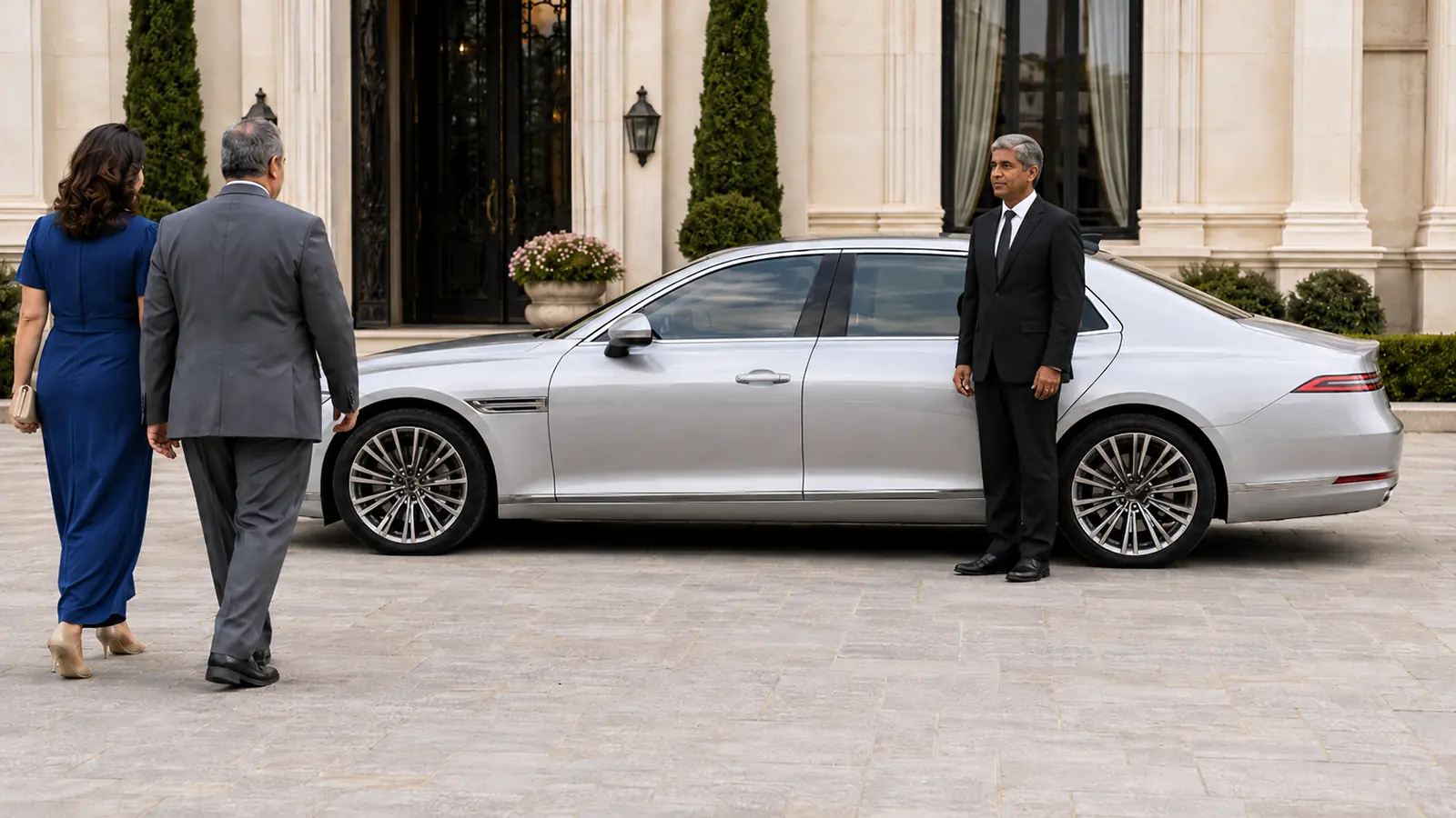 Private driver welcoming guests beside a silver sedan at a daytime event.