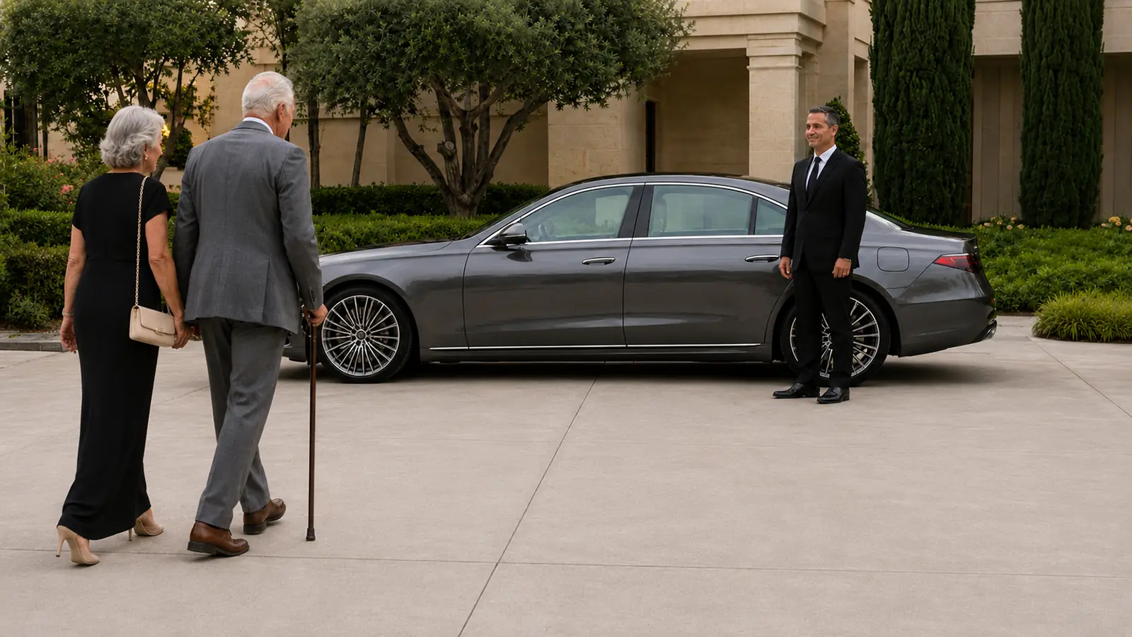 Private driver welcoming older guests beside a gray sedan at a formal event.
