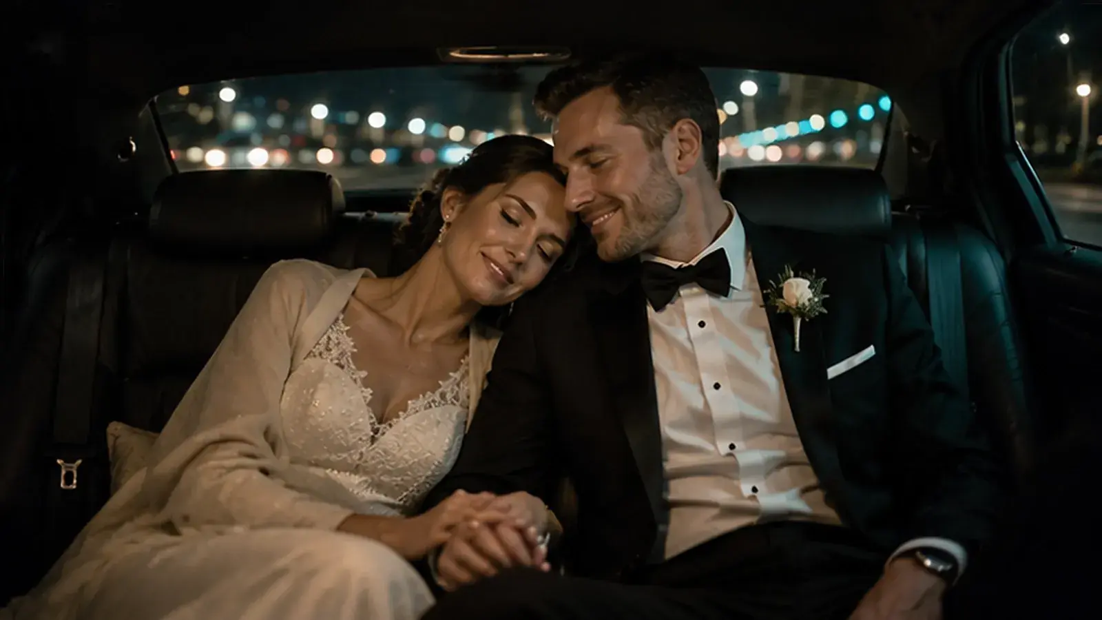 Newlyweds relaxing together in the back seat while a private driver takes them home.