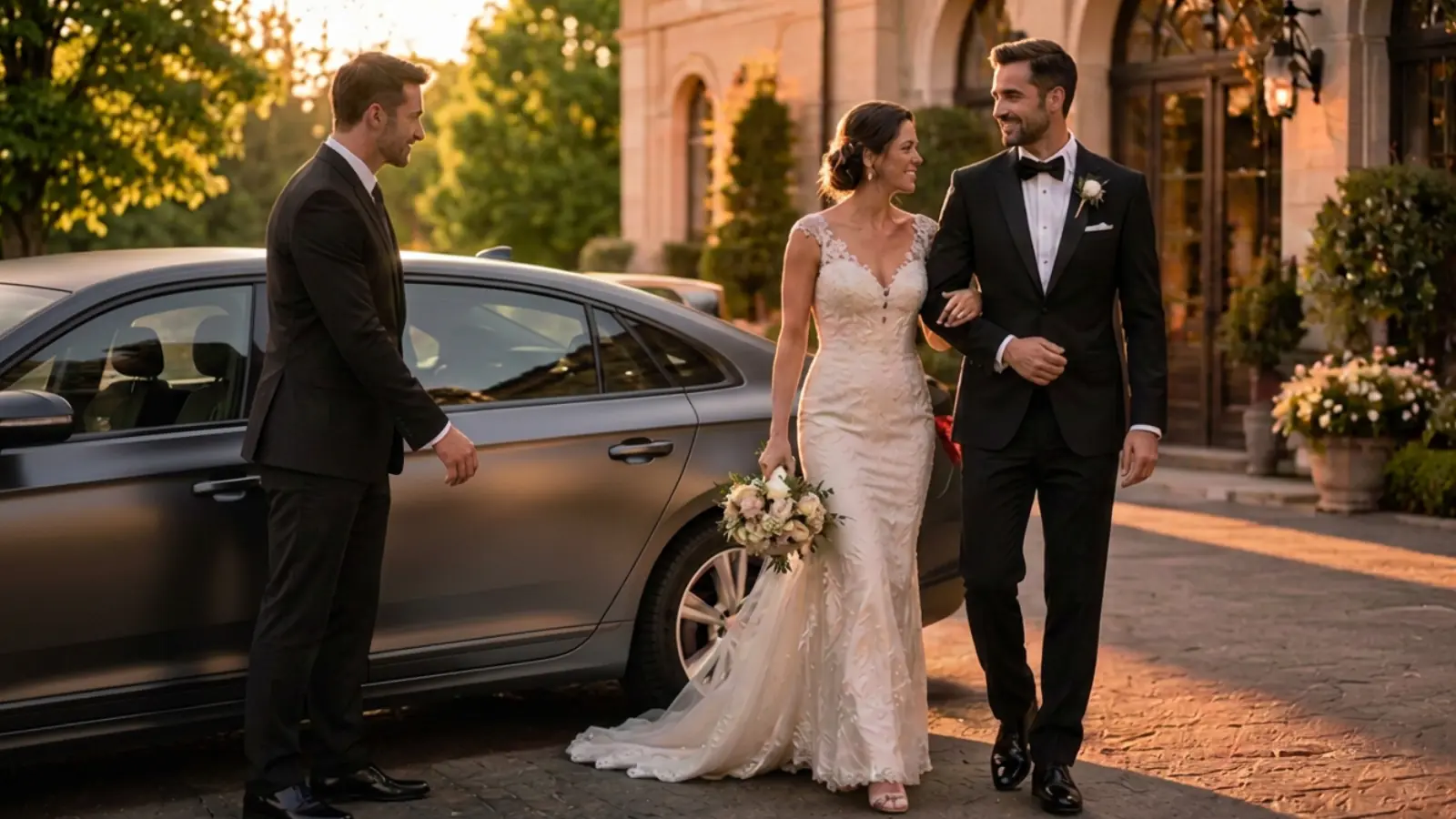 Private driver delivering a bride and groom beside their sedan at a wedding venue.