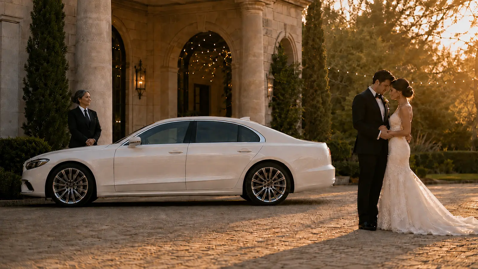 Bride and groom sharing a quiet moment beside their sedan while a private driver waits.