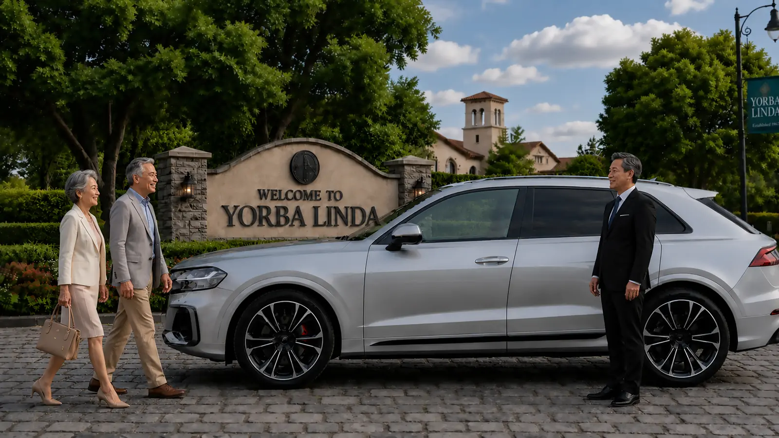 Private driver welcoming an older couple beside a grey SUV at the Yorba Linda welcome sign.